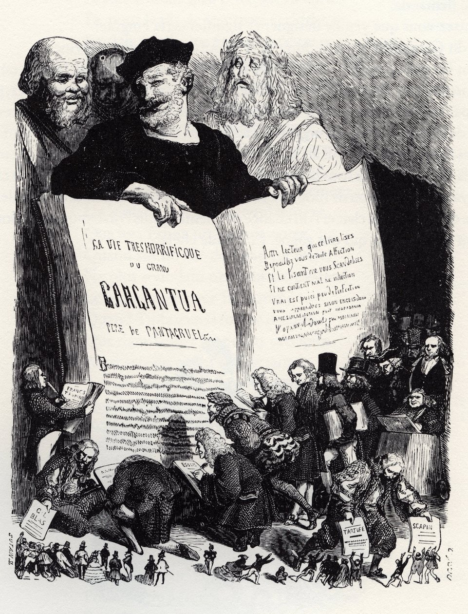 Vuoden 1854 painoksen etuosa - Muinaisten ja nykyaikaisten kirjailijoiden seurassa Rabelais esittelee toisen romaaninsa - kuvituksen "Gargantua ja Pantagruel", kirjoittanut Francois Rabelais - kaiverrus Gustave Doren (1832-1883) tekijältä Gustave Dore