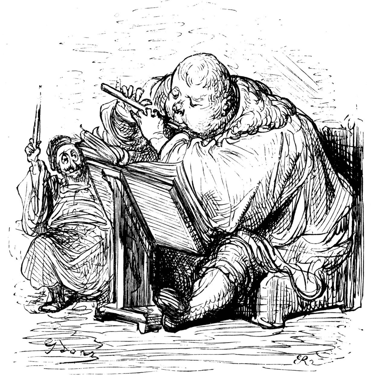 Gargantua-koulutus: nuori herrasmies oppii soittamaan huilua musiikinopettajansa kanssa. Gustave Doren kaiverrus, joka kuvittaa Rabelais