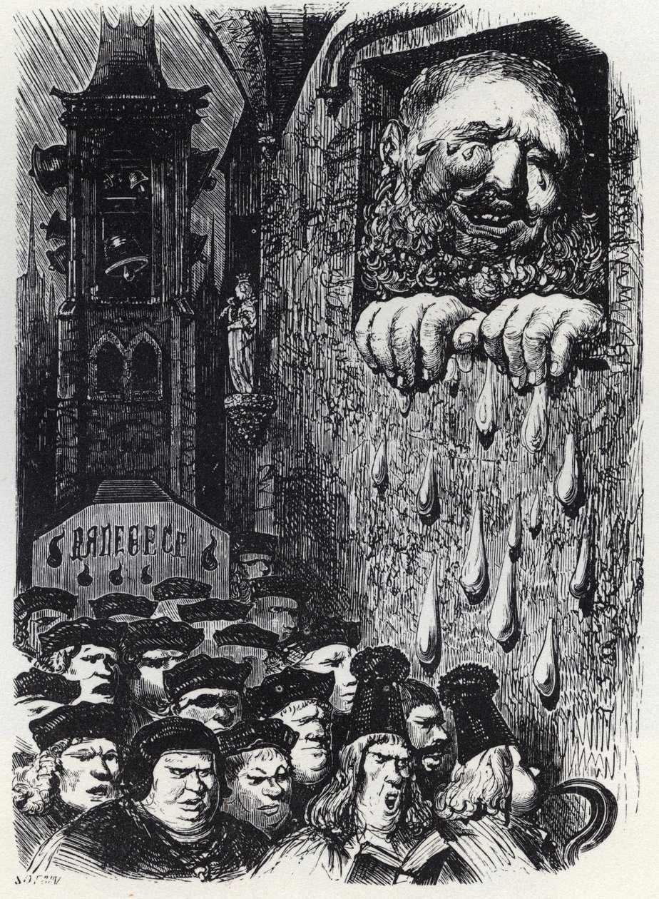 Gargantua suree vaimonsa kuolemaa - Gargantua suree vaimoaan - kuvitus teoksesta "Gargantua ja Pantagruel", kirjoittanut Francois Rabelais - kaiverrus Gustave Doren (1832-1883) tekijältä Gustave Dore