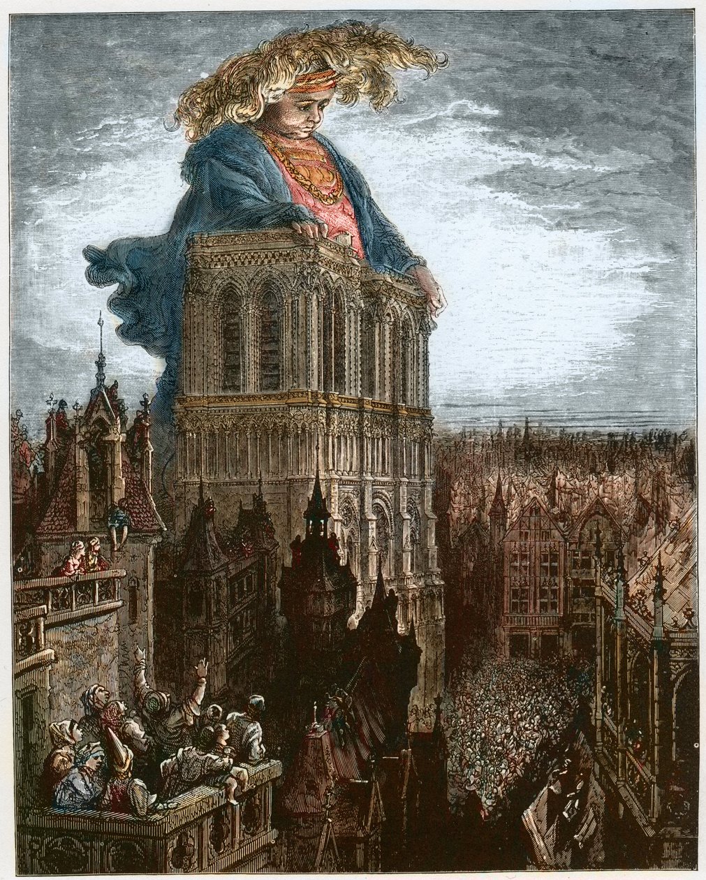 Gargantua Pariisin Notre-Damen torneissa - Gargantua lepää Pariisin Notre-Damen kirkon torneissa - kuvitus teoksesta "Gargantua ja Pantagruel", kirjoittanut Francois Rabelais - kaiverrus Gustave Dore (1832-1883) tekijältä Gustave Dore