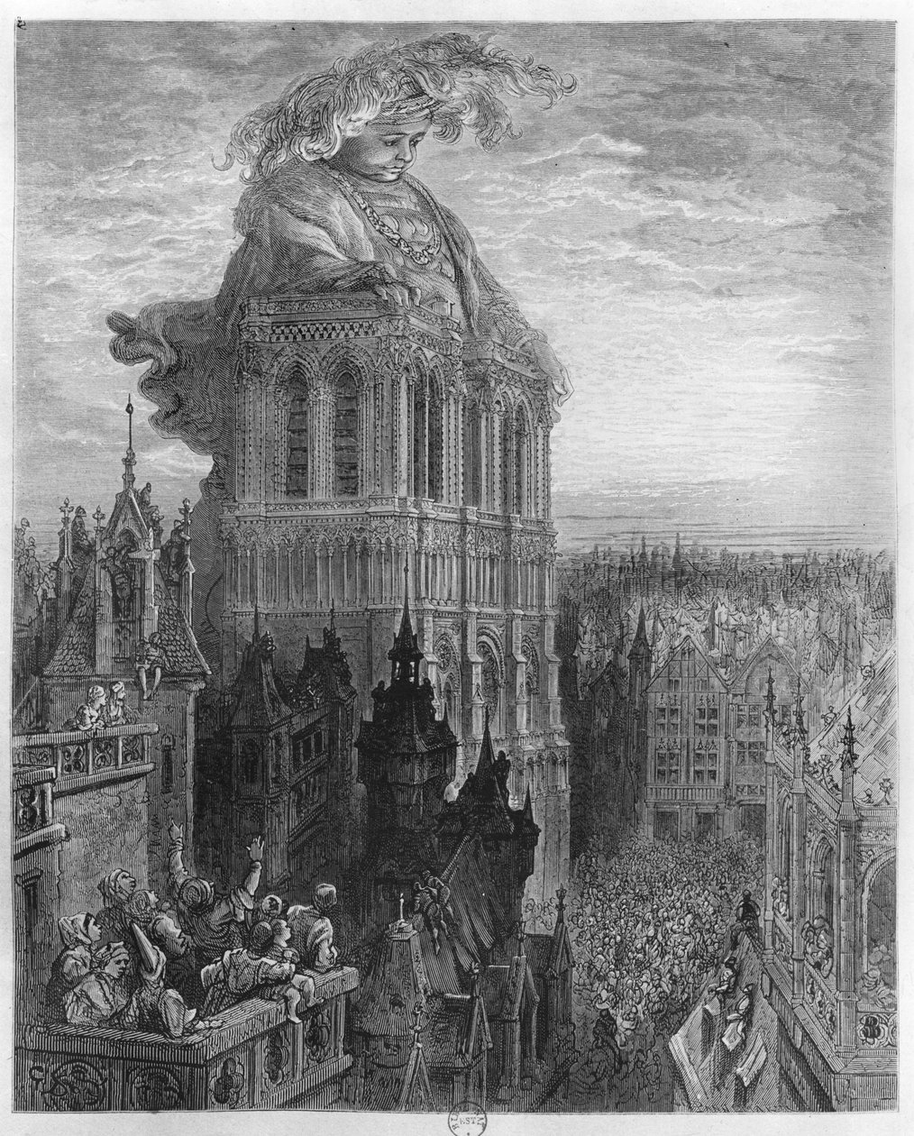 Gargantua Pariisin Notre-Damen torneissa, kuvitus Francois Rabelais