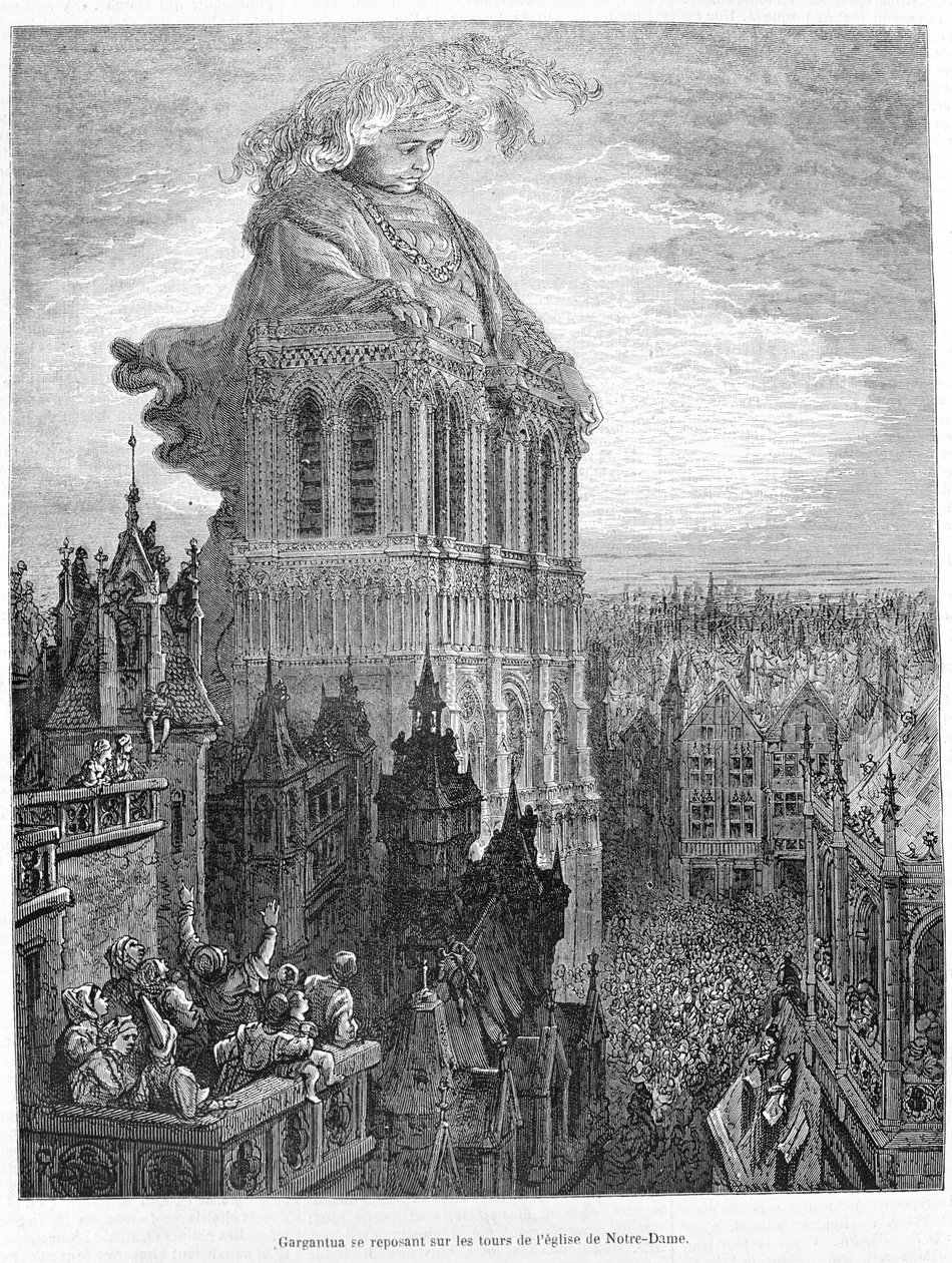 Gargantua lepää Neitsyt Marian kirkon torneissa. Kaiverrus François Rabelais