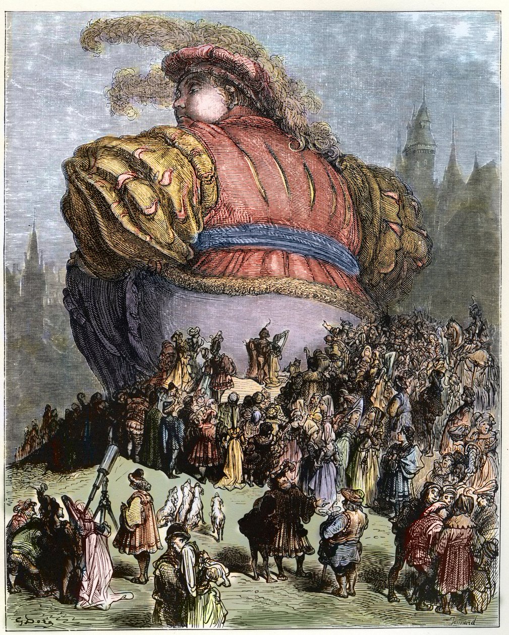 Gargantua vierailee Pariisissa - Pariisilaiset ihmettelevät Gargantuaa - kuvitus teoksesta "Gargantua ja Pantagruel", kirjoittanut Francois Rabelais - kaiverrus Gustave Doren (1832-1883) tekijältä Gustave Dore