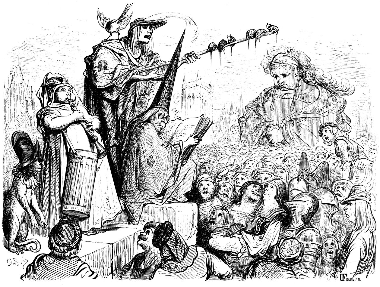 Gargantuan koulutus: "hän aikoi kuunnella julkisia oppitunteja, juhlallisia tekoja, toistoja, julistuksia, hyvien lakimiesten vetoomuksia, evankelista-saarnaajien puheita...". Gustave Doren kaiverrus, joka kuvittaa Rabelais