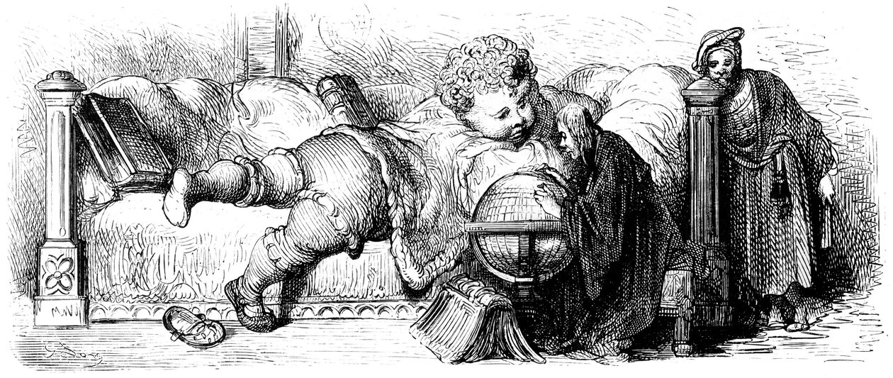 Gargantuan koulutus: jättiläinen makaa lapsena sängyllään ja tutkii maapalloa opettajiensa kanssa. Gustave Doren kuvitus Francois Rabelais