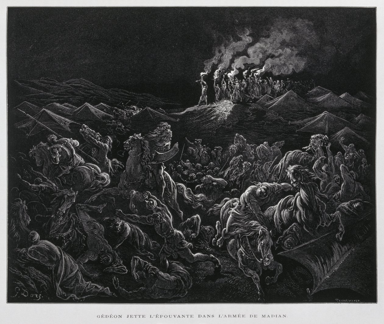 Gideon hyökkää midianilaisten kimppuun yöllä, kuvitus Dore Bible -teoksesta. tekijältä Gustave Dore