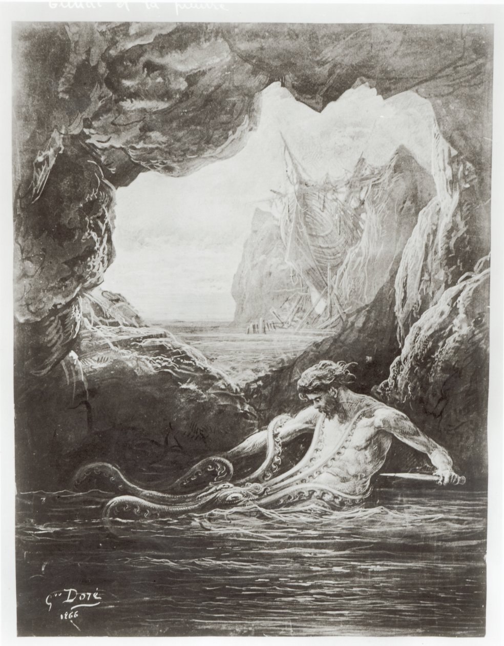 Gilliatt kamppailee jättimäisen mustekalan kanssa, kuva Victor Hugon (1802-85) Les Travailleurs de la Mer -kirjasta 1866 tekijältä Gustave Dore