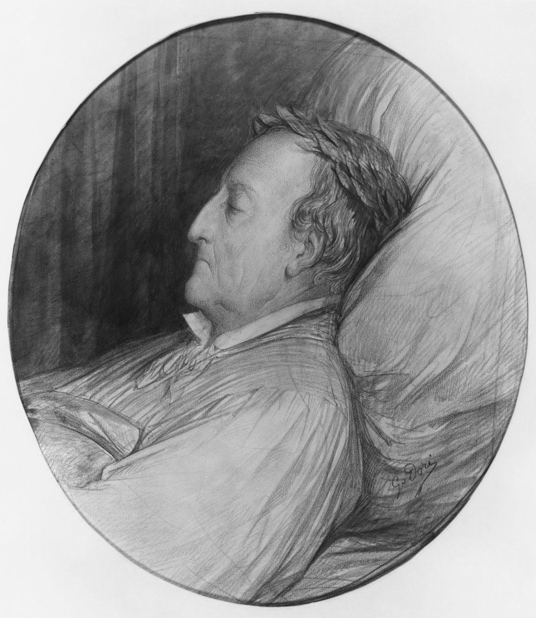 Gioacchino Rossini kuolinvuoteella, 1868 (hiilen ja guassin kohokohdat paperilla) tekijältä Gustave Dore
