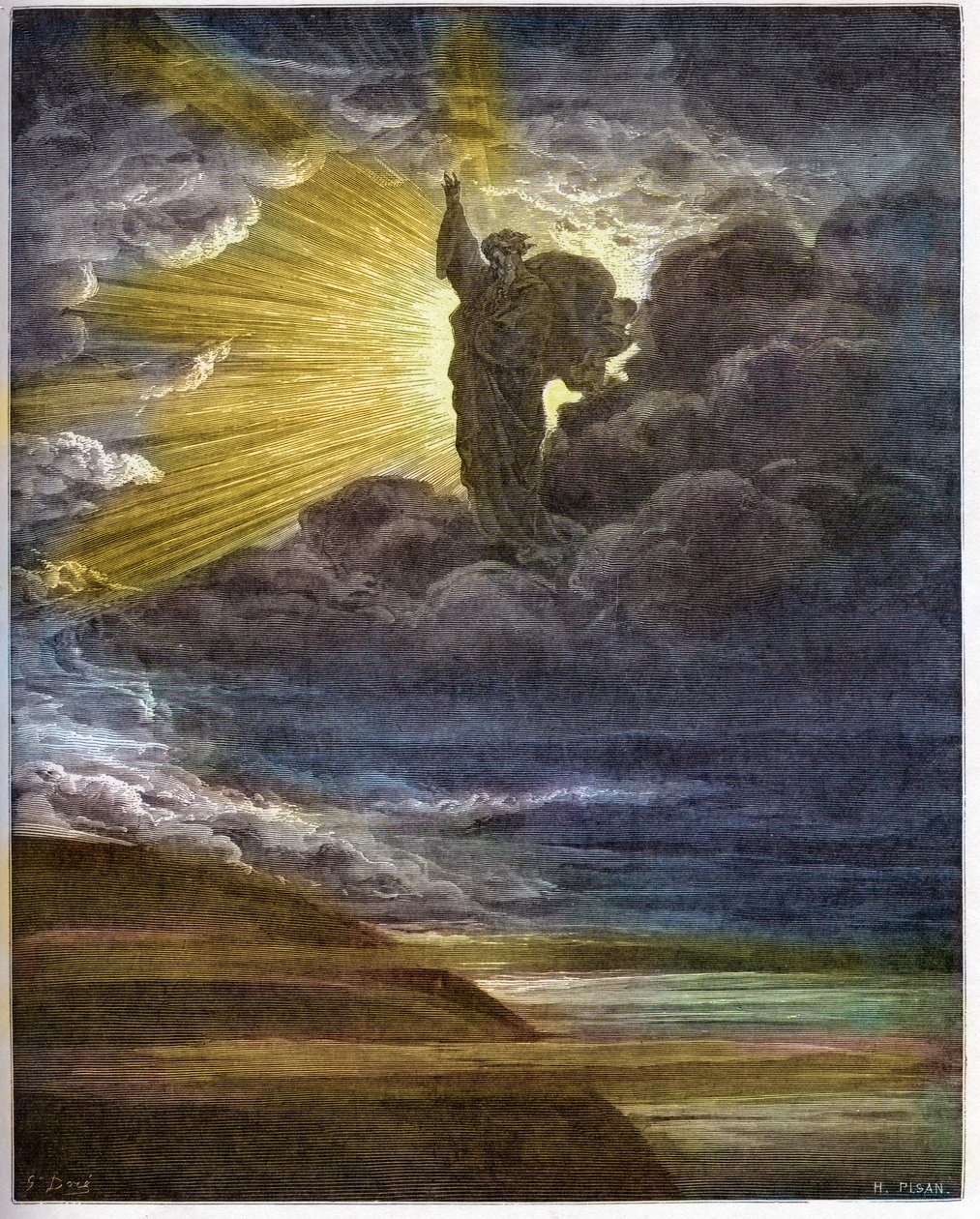 Jumala luo valoa - Valon luominen - Vanha testamentti (Genesis) - Valon luominen - Kaiverrus Gustave Doren (1832-1883) "The Bible illustreeen" - Kaiverrus "The Dore Biblesta" tekijältä Gustave Dore
