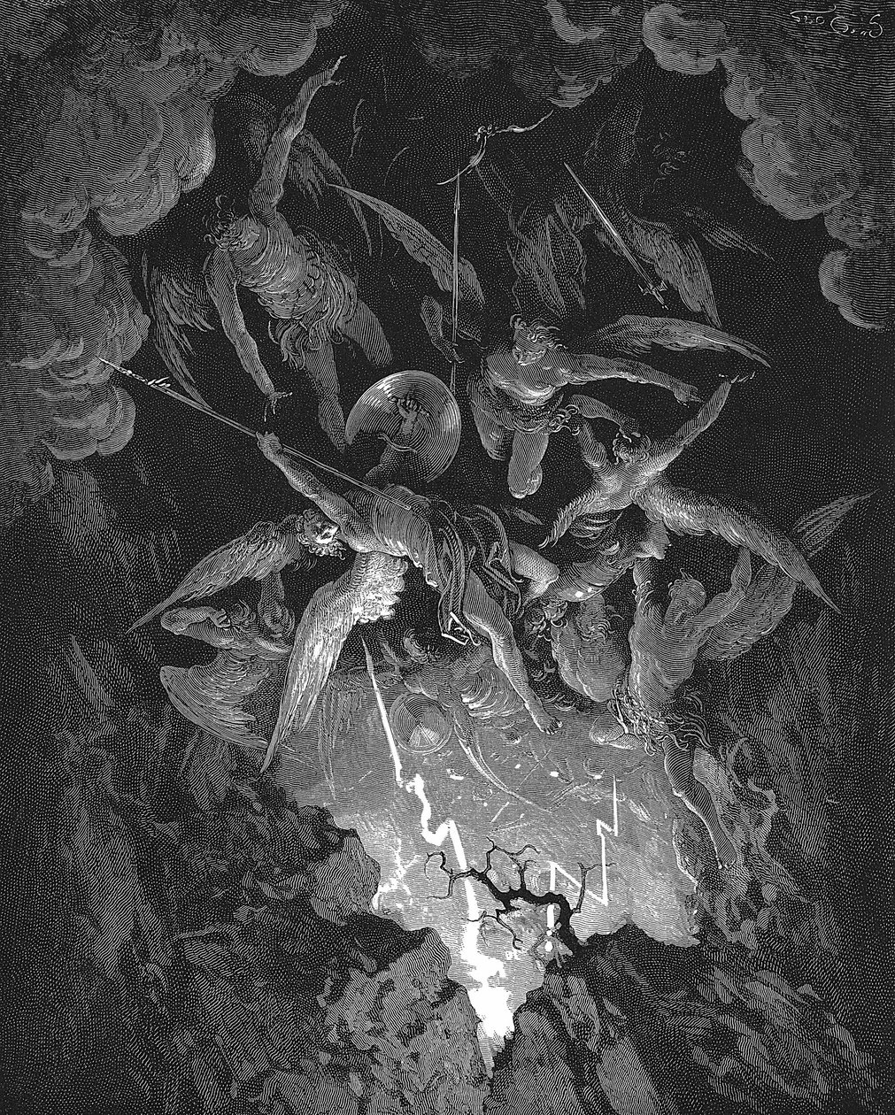 Gustave Doren kuvitus John Miltonin eeppiseen, ihmisen lankeemusta dramatisoivaan runoon Kadonnut paratiisi (1667), kirja VI. Kapinalliset enkelit putoavat taivaan muurin läpi ja syöksyvät alas helvettiin. Puukaiverrus 1866 tekijältä Gustave Dore