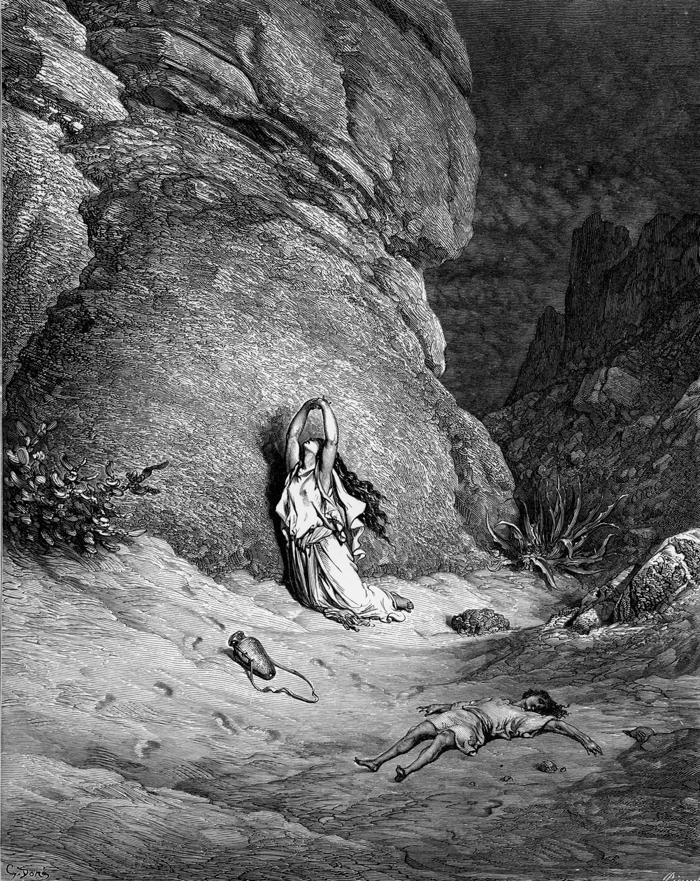 Hagar ja Ismael, kaiverrus Dorén. - Raamattu tekijältä Gustave Dore