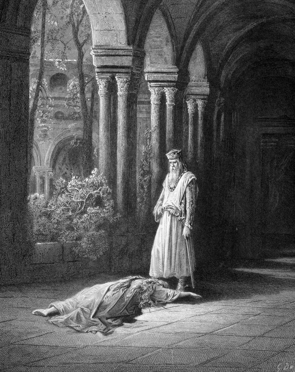 Hän pysähtyi: kuningatar raahasi itseään hieman häntä kohti, hän laittoi kätensä miehensä (Junièvre ja kuningas Arthur) jalkojen ympärille - Alfred Tennysonin "Juniper", sairas. Kirjailija: Gustave Doré Paris, Librairie Hachette et Cie tekijältä Gustave Dore