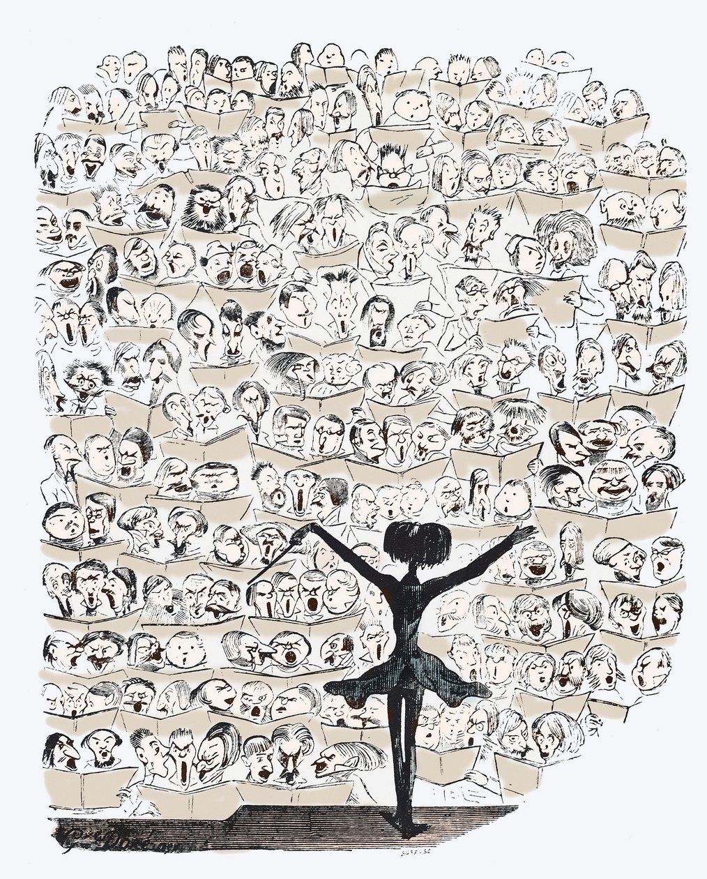 Hector Berlioz (1803-1869) johti konserttia 1850, Gustave Doren (1832-1883) karikatyyri julkaistu "" Journal pour rire" -lehdessä, 27.6.1850 - (myöhempi väritys) - Berlioz johti filharmonisen seuran konserttia 1850 tekijältä Gustave Dore