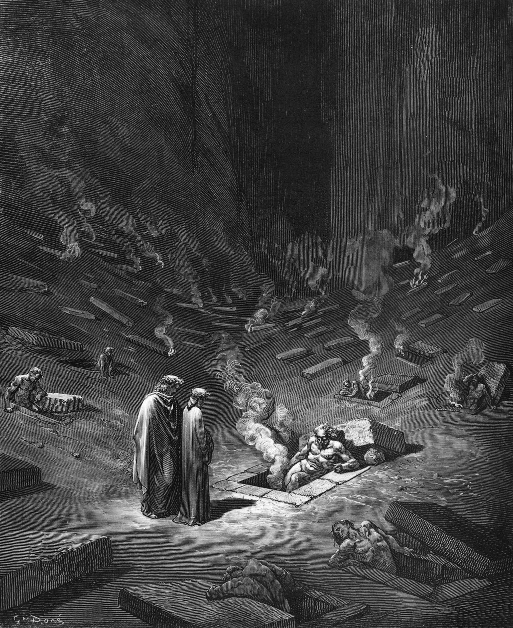 Heresiarchs, kuvitus Dante Alighierin (1265-1321) Pariisin jumalallisesta komediasta (Inferno), julkaistu 1885 tekijältä Gustave Dore