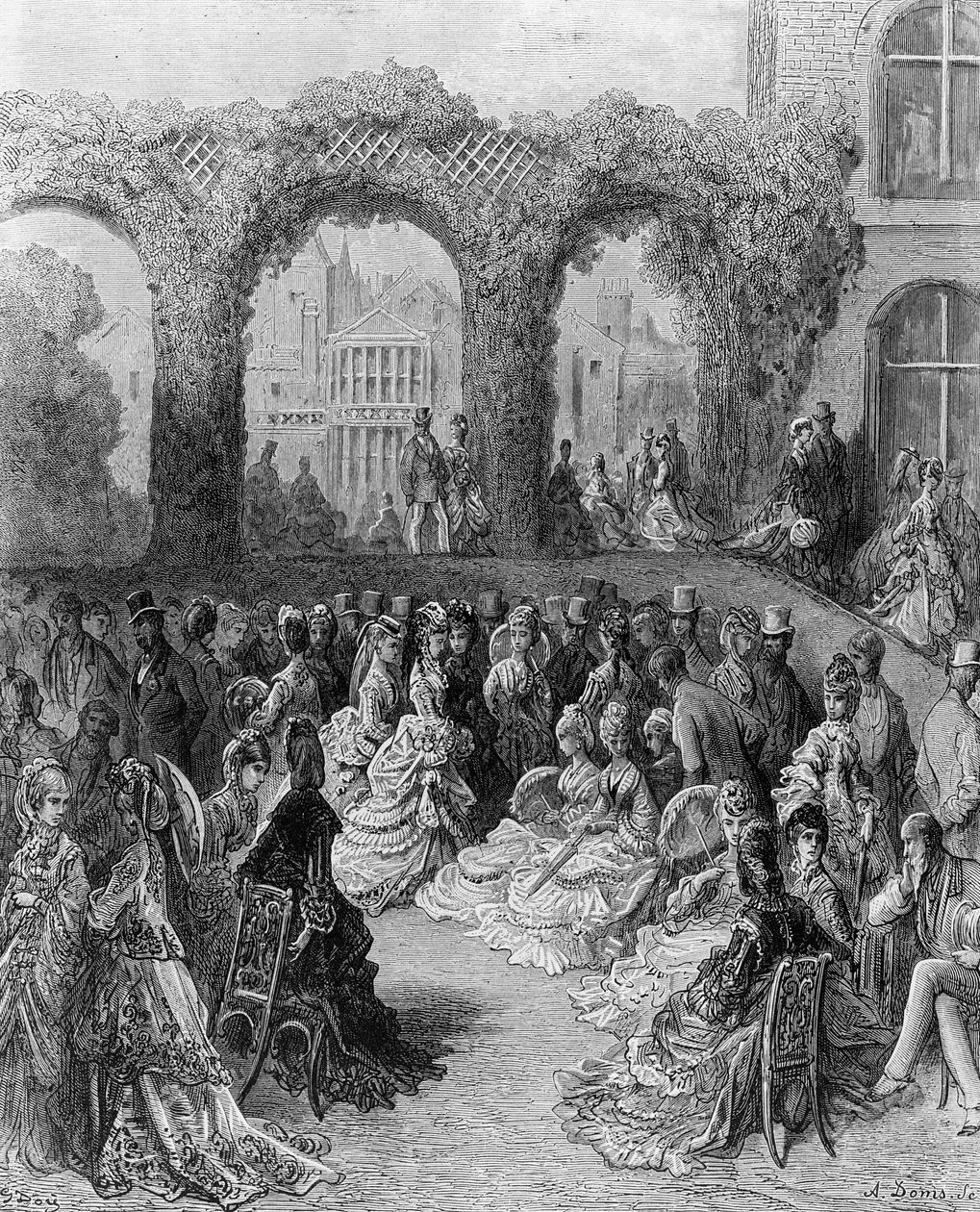 Holland House - Puutarhajuhlat, "Lontoo, pyhiinvaellus", kirjoittanut William Blanchard Jerrolds (1826-84), kaivertanut A. Doms, pub. 1872 tekijältä Gustave Dore