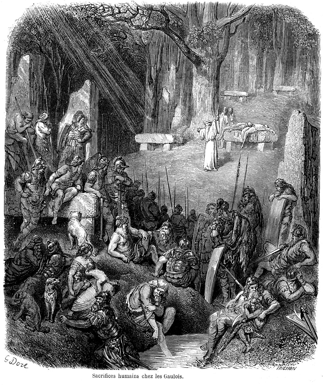 Gallialaisten ihmisuhri - druidit, dolmen, menhir - Gustave Doren kaiverrus Ch. Lahuren teoksessa "L