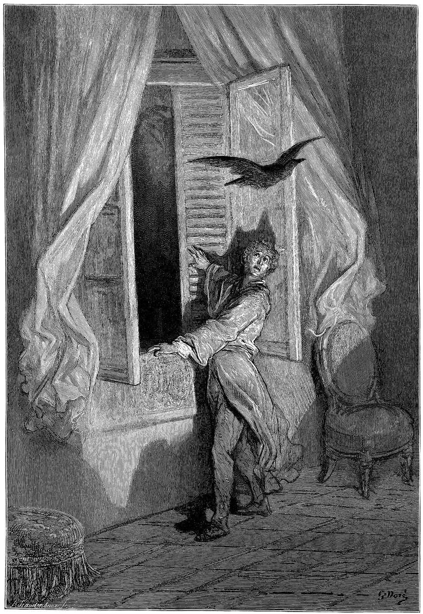 Gustave Doren (1832-1883) kuvitus Edgar Allan Poen novelliin "Korppi" (The Raven). Dore sai tämän sarjan valmiiksi vuonna 1883, kuolinvuotenaan, ja se on näin ollen yksi hänen viimeisimmistä teoksistaan - - tekijältä Gustave Dore