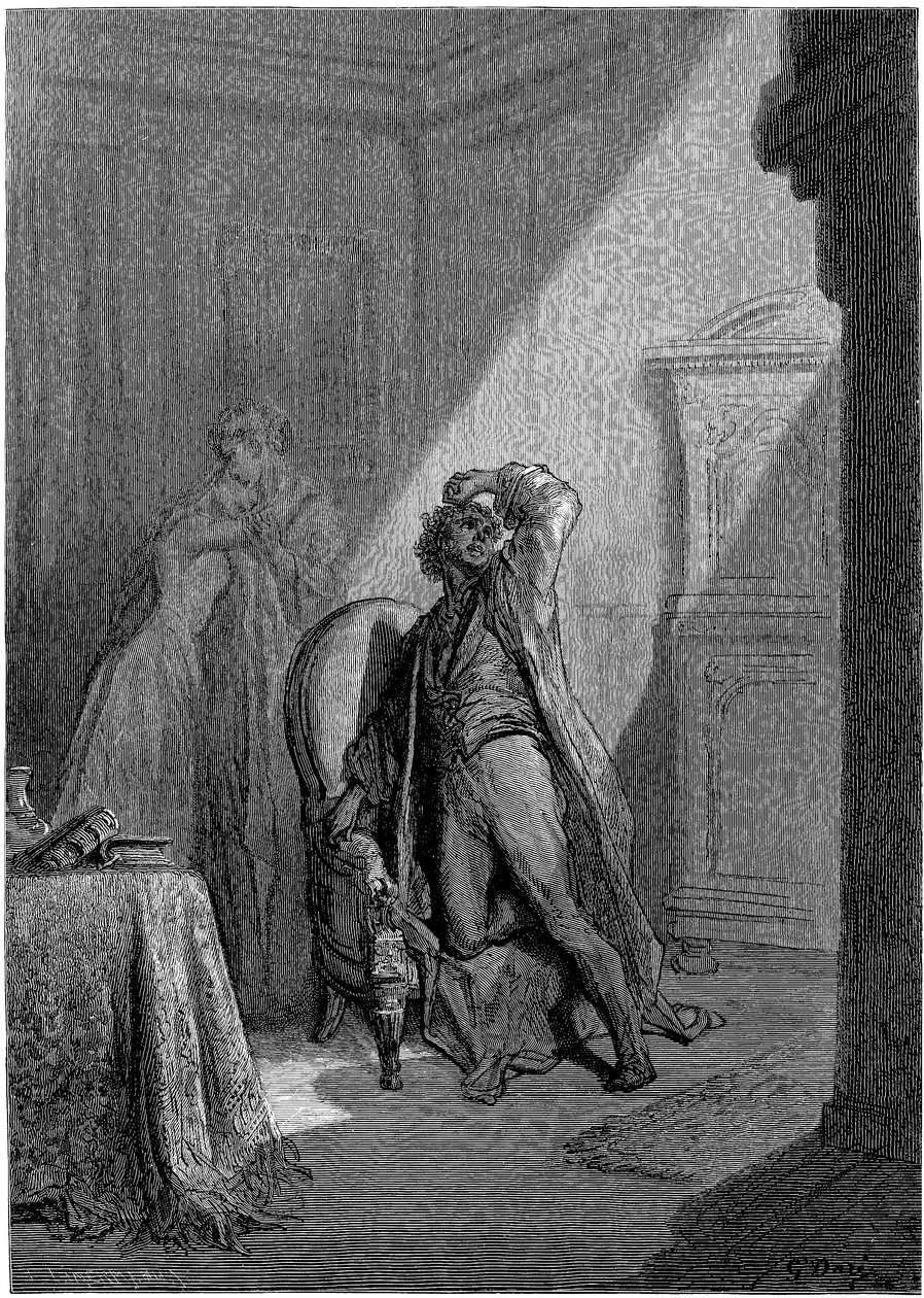 Gustave Doren (1832-1883) kuvitus Edgar Allan Poen novelliin "Korppi" (The Raven). Dore sai tämän sarjan valmiiksi vuonna 1883, kuolinvuotenaan, ja se on näin ollen yksi hänen viimeisimmistä teoksistaan - - tekijältä Gustave Dore