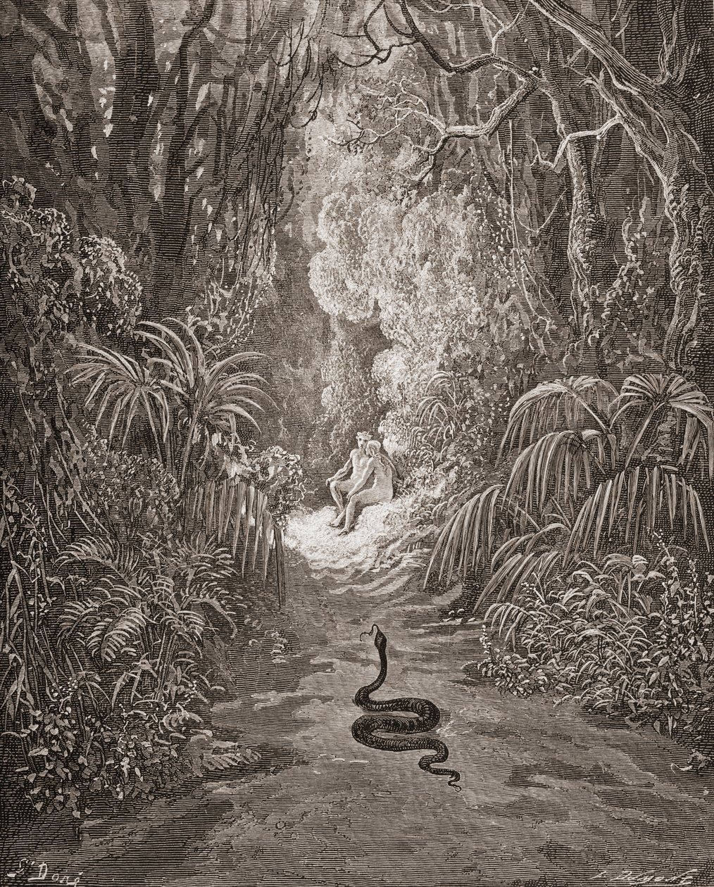 Gustave Doren 1832-1883 kuvitus Ranskalainen taiteilija ja kuvittaja John Miltonin teokseen Kadotettu paratiisi, kirja IX, rivit 434 ja 435. tekijältä Gustave Dore