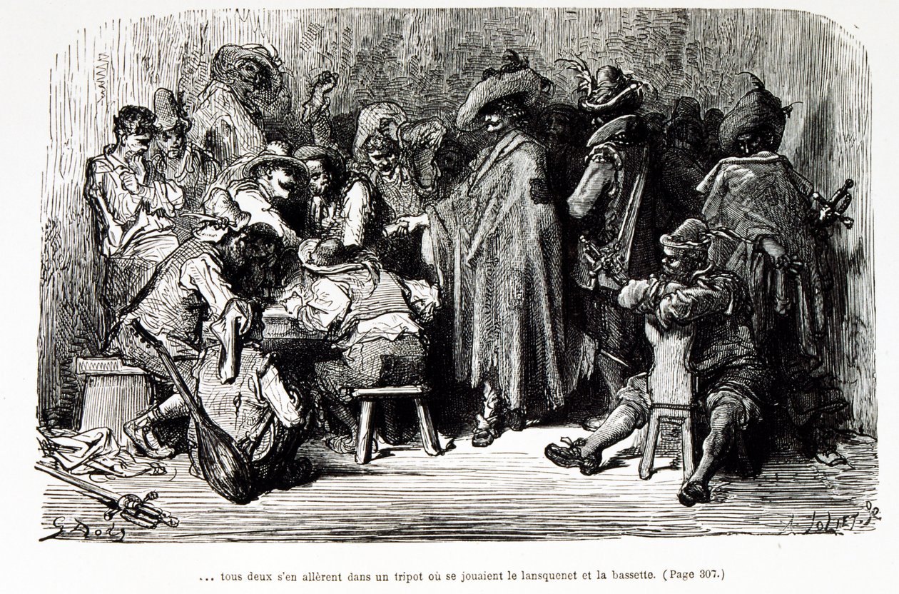 Kuvitus, jossa kuvataan "Kapteeni Fracasse" Theophile Gautierin kuvitteellinen hahmo (kaiverrus) tekijältä Gustave Dore