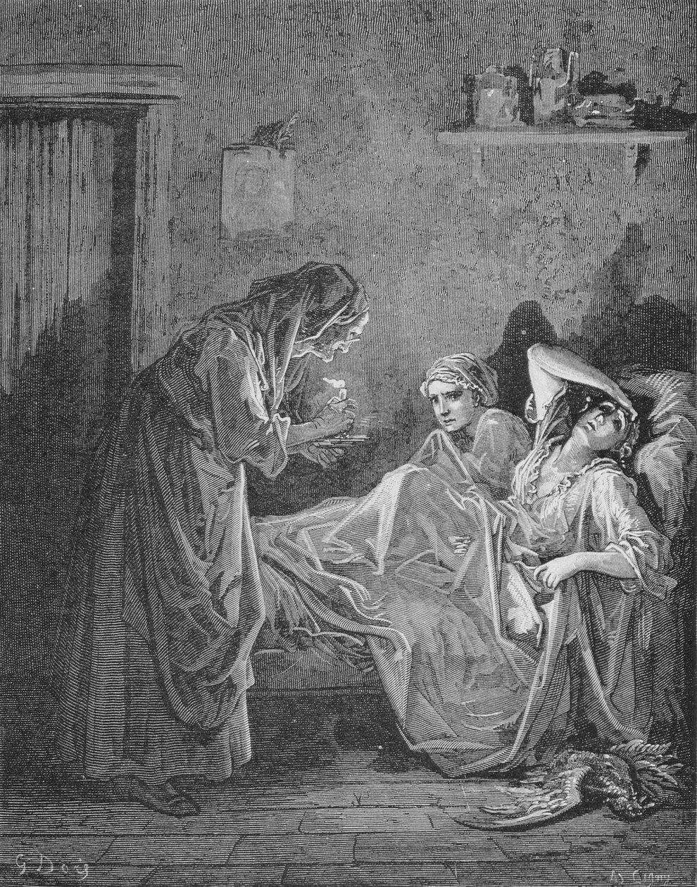 Kuvitus elokuvalle Vanha nainen ja kaksi palvelijaa Jean de La Fontainen (1621-1695) "Fablesista" tekijältä Gustave Dore