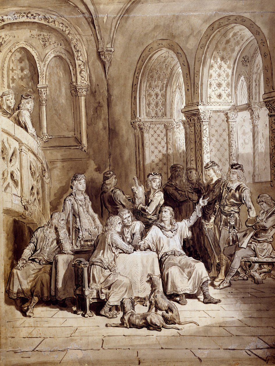 Kuvitus Albert Tennysonin (1809-1892) runosarjaan Kuninkaan idyllit, Gustave Doren (1832-1883) kaiverrus tekijältä Gustave Dore