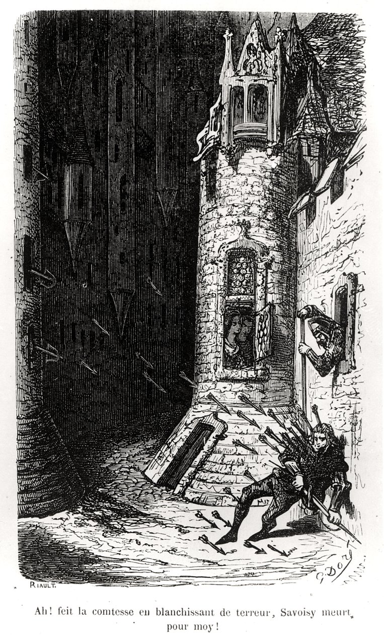 Kuvitus Les Contes Drolatiquesista, Honore de Balzacin (1799-1850) kaiverrus Riault, 1855 tekijältä Gustave Dore