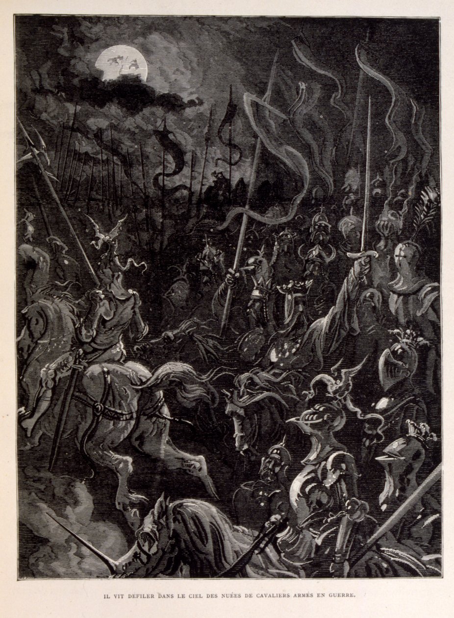 Kuvituskuva ritareista taistelussa kuutamoillassa. tekijältä Gustave Dore