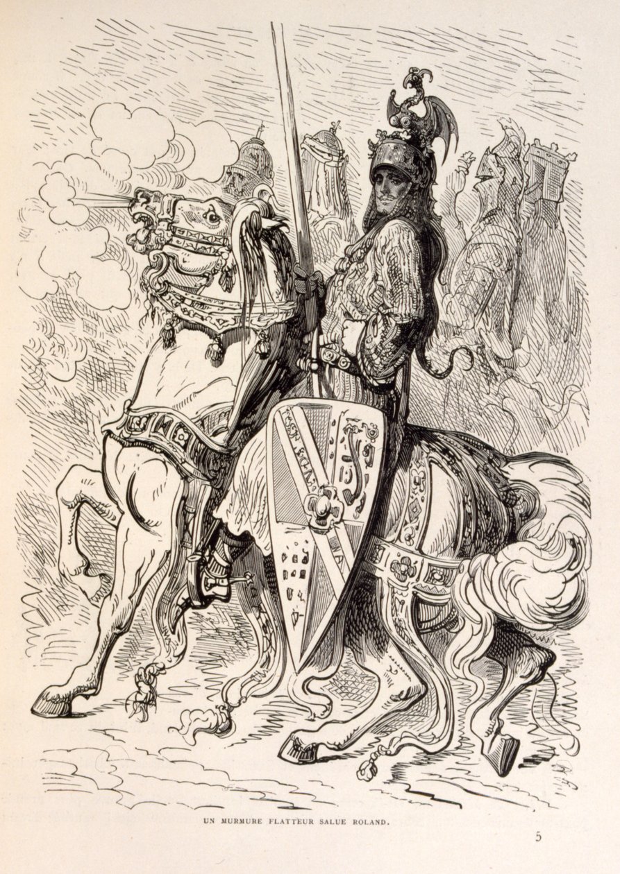 Kuvituskuva Rolandista hevosen selässä. lähteestä La legende de Croque-Mitaine. tekijältä Gustave Dore