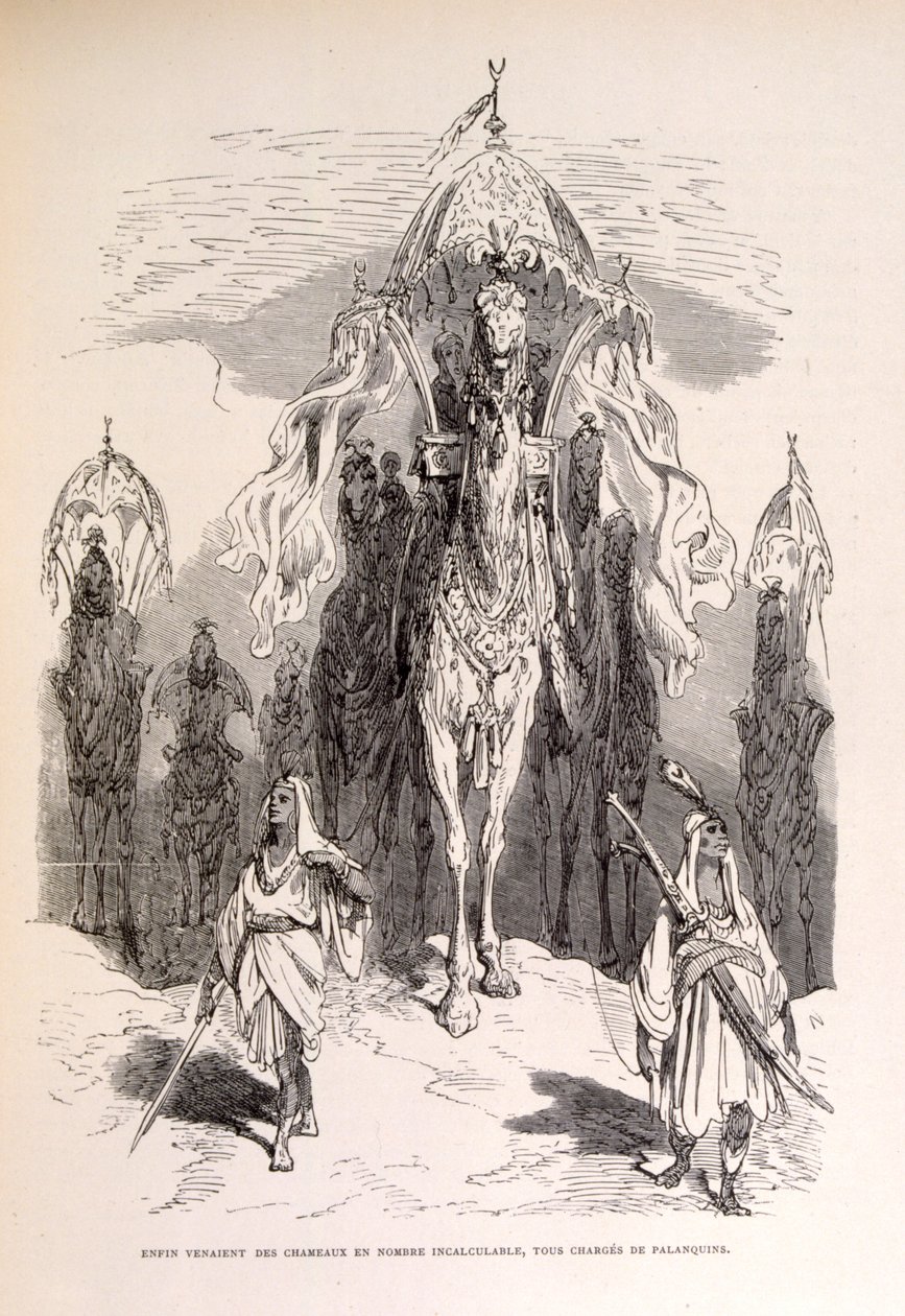 Kuvitus itämaisesta kamelijunasta palvelijoineen ja vaunuineen. tekijältä Gustave Dore