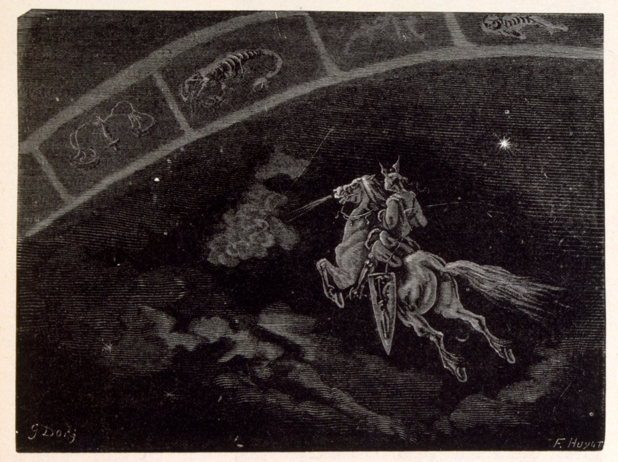 Kuvitus tähtimerkistä Skorpioni. lähteestä La legende de Croque-Mitaine. tekijältä Gustave Dore