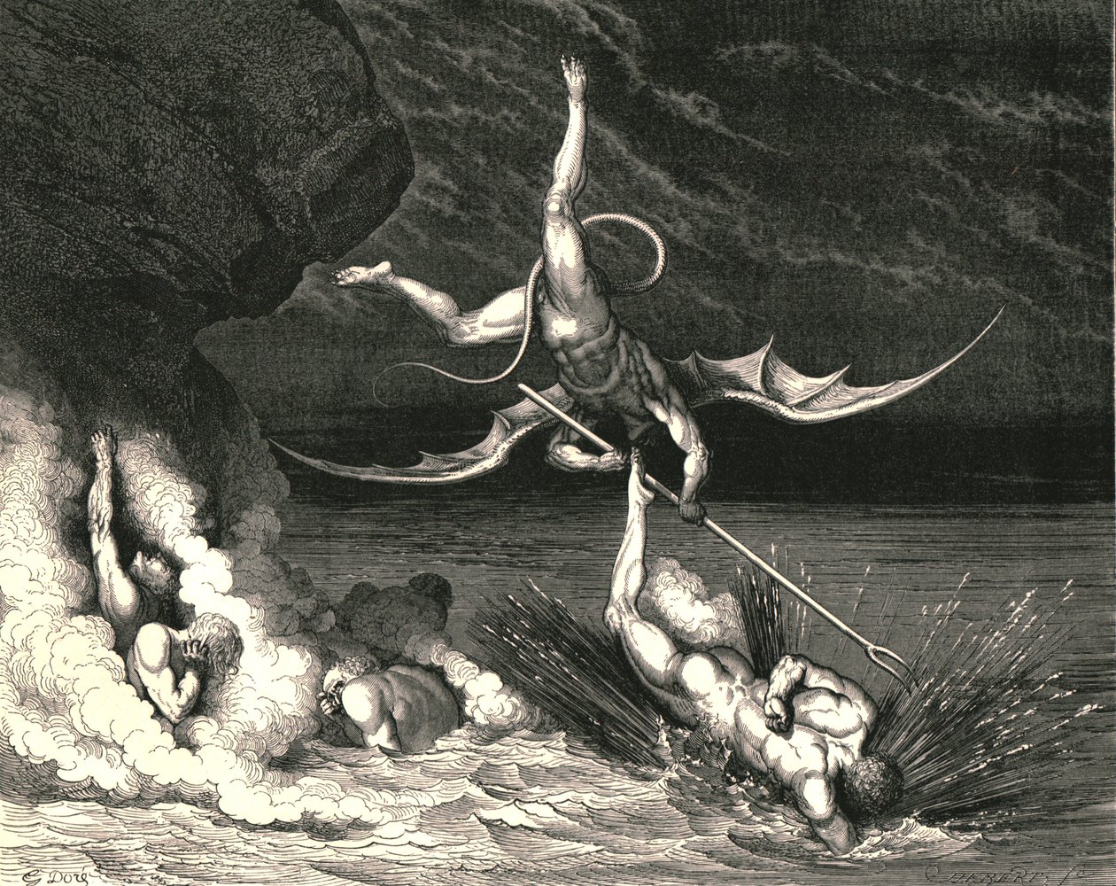 Sen vuoksi hän kiihdytti takaa-ajoon huutaen: "Sinä olet kiinni, n. 1890". tekijältä Gustave Dore
