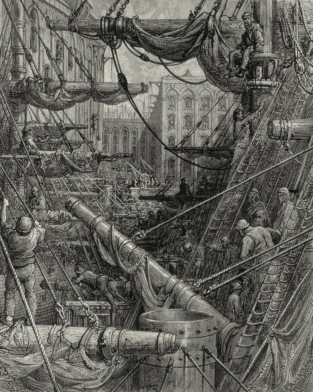 Lontoon Docksissa. Kaiverrus: Gustave Doré. Lähde: "London - A Pilgrimage", teksti W. B. Jerrold, kaiverrettu C. Maurant, 1872. tekijältä Gustave Dore