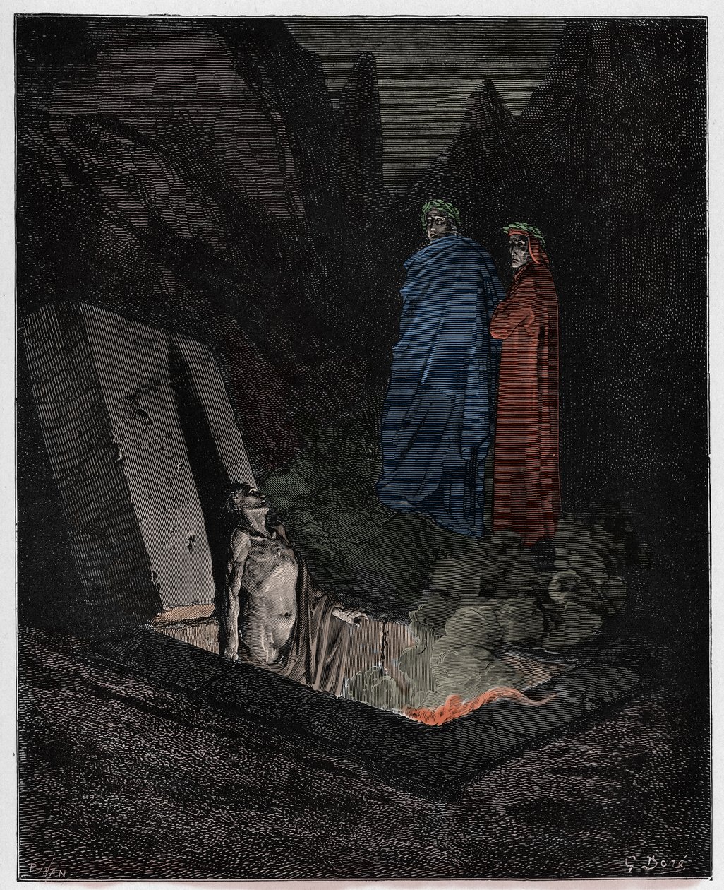 Inferno, Canto 10: Farinata degli Uberti puhuu Dantelle, kuvitus Dante Alighierin jumalallisesta komediasta, 1885 tekijältä Gustave Dore