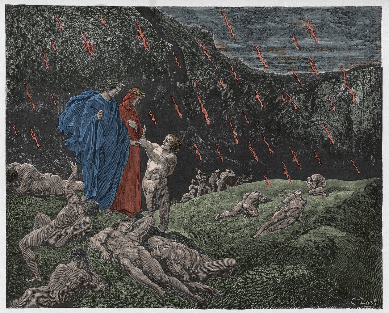 Inferno, Canto 15: Brunetto Latini esittää Dantea, kuvitus Dante Alighierin jumalallisesta komediasta, 1885 tekijältä Gustave Dore