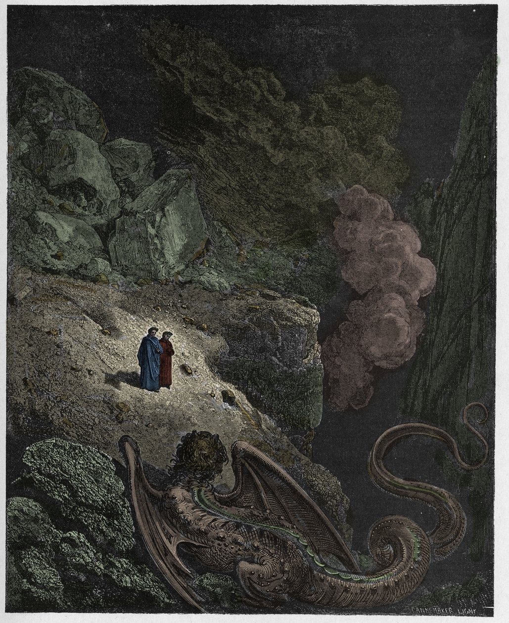 Inferno, Canto 17 : Geryon, petoksen symboli, kuvitus Dante Alighierin jumalallisesta komediasta, 1885 tekijältä Gustave Dore