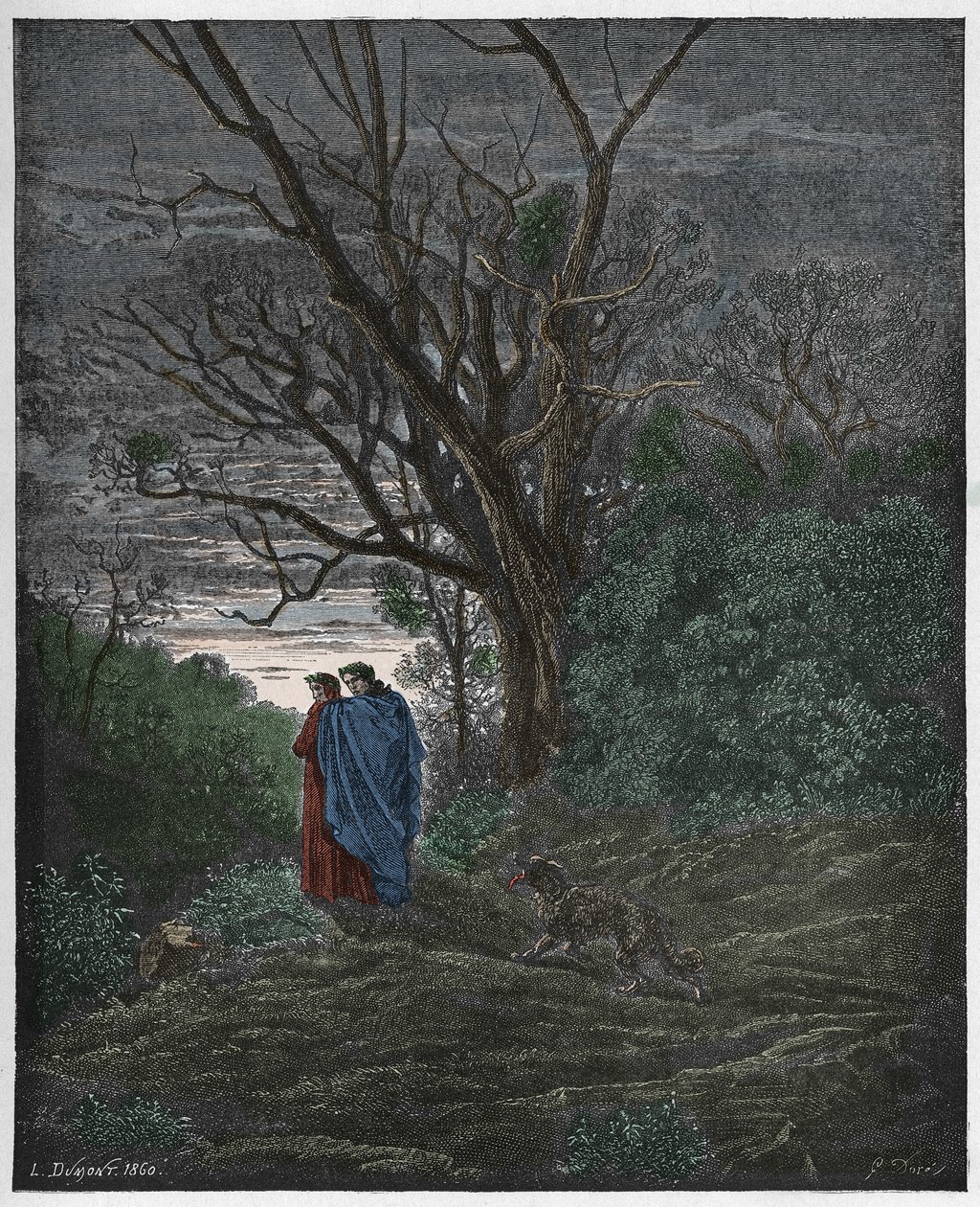 Inferno, Canto 1: Naarassusi ilmestyy, kuvitus Dante Alighierin jumalallisesta komediasta, 1885 tekijältä Gustave Dore
