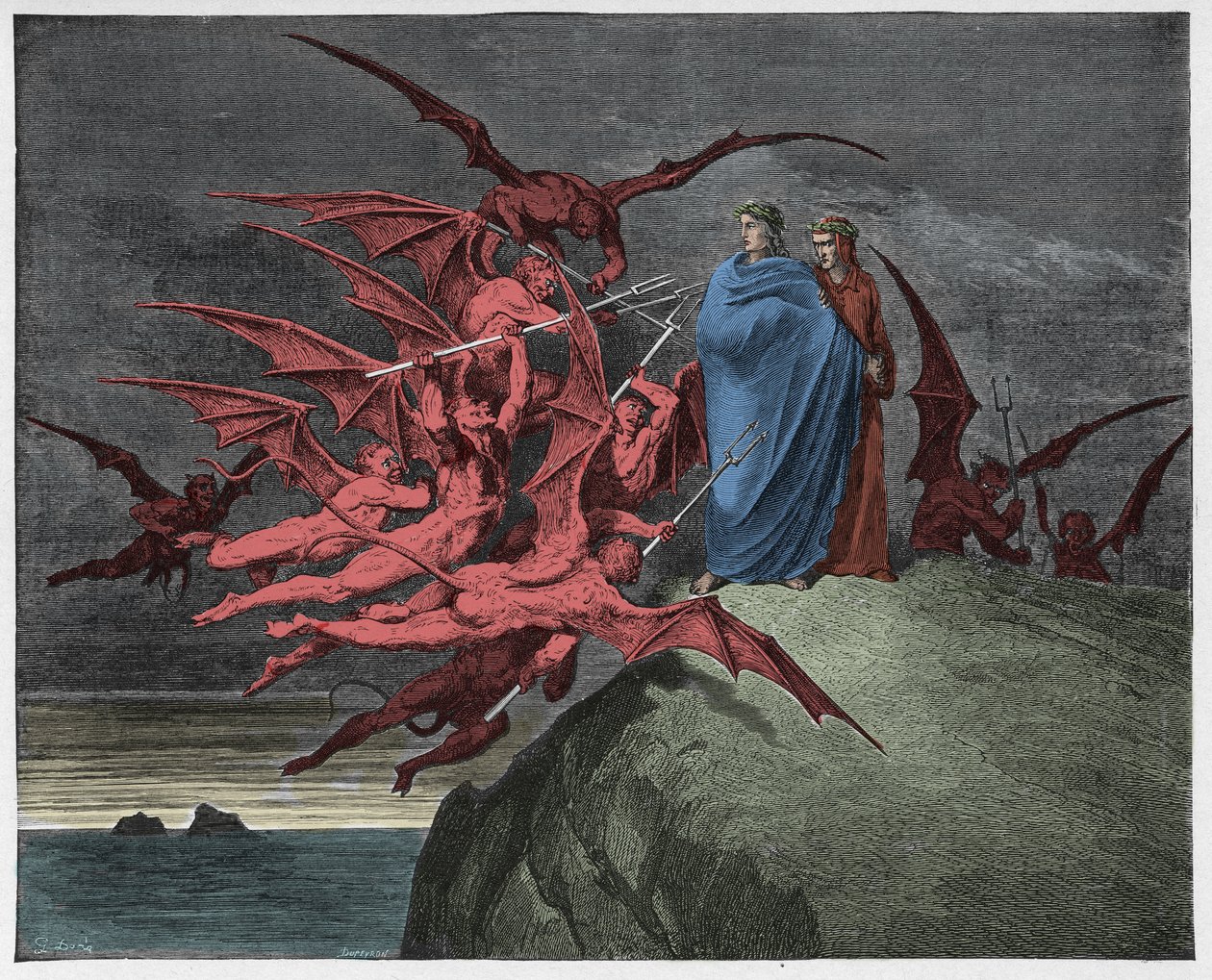 Inferno, Canto 21: Demonit uhkaavat Vergiliusa, kuvitus Dante Alighierin jumalallisesta komediasta, 1885 tekijältä Gustave Dore