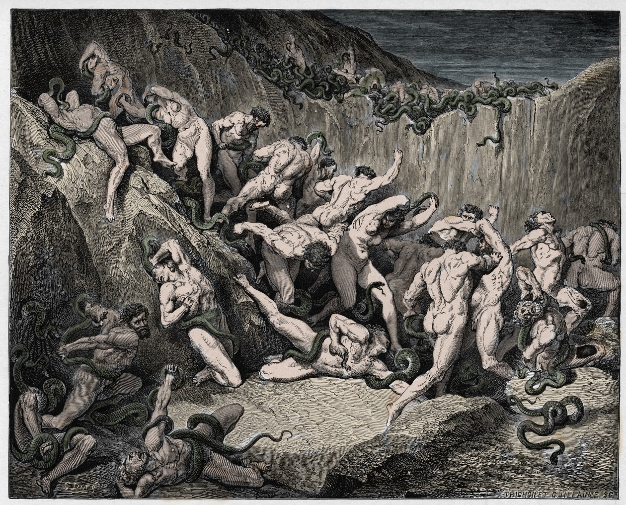 Inferno, Canto 24: Käärmeiden kiusamat varkaat, kuvitus Dante Alighierin jumalallisesta komediasta, 1885 tekijältä Gustave Dore