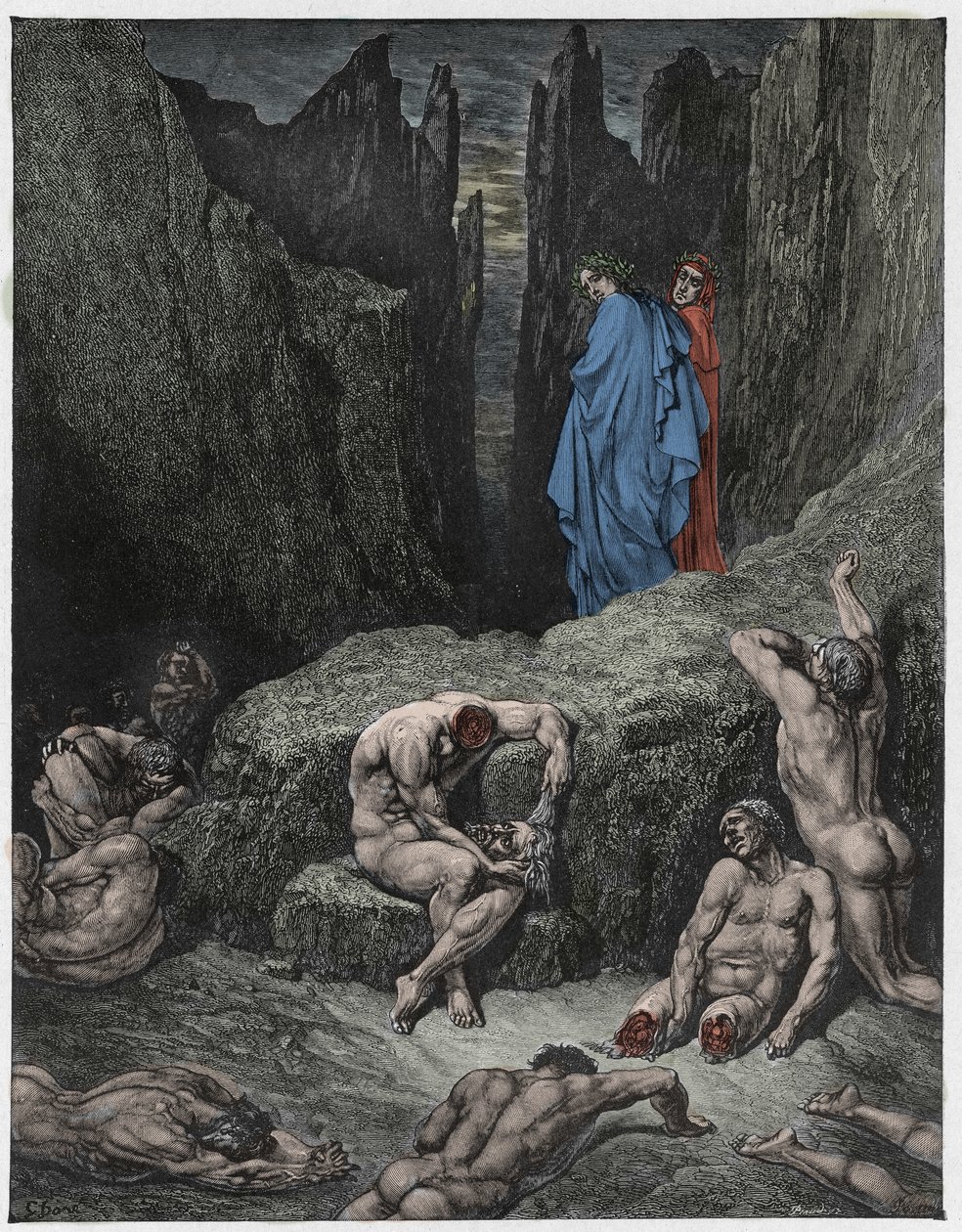 Inferno, Canto 29: Vergilius nuhtelee Danten uteliaisuutta, kuvitus Dante Alighierin jumalallisesta komediasta, 1885 tekijältä Gustave Dore