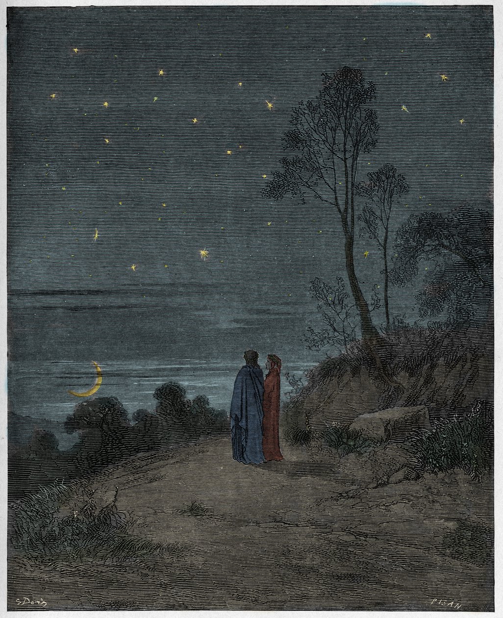 Inferno, Canto 2 : Ensimmäisen yön tummuva taivas, kuvitus Dante Alighierin jumalallisesta komediasta, 1885 tekijältä Gustave Dore