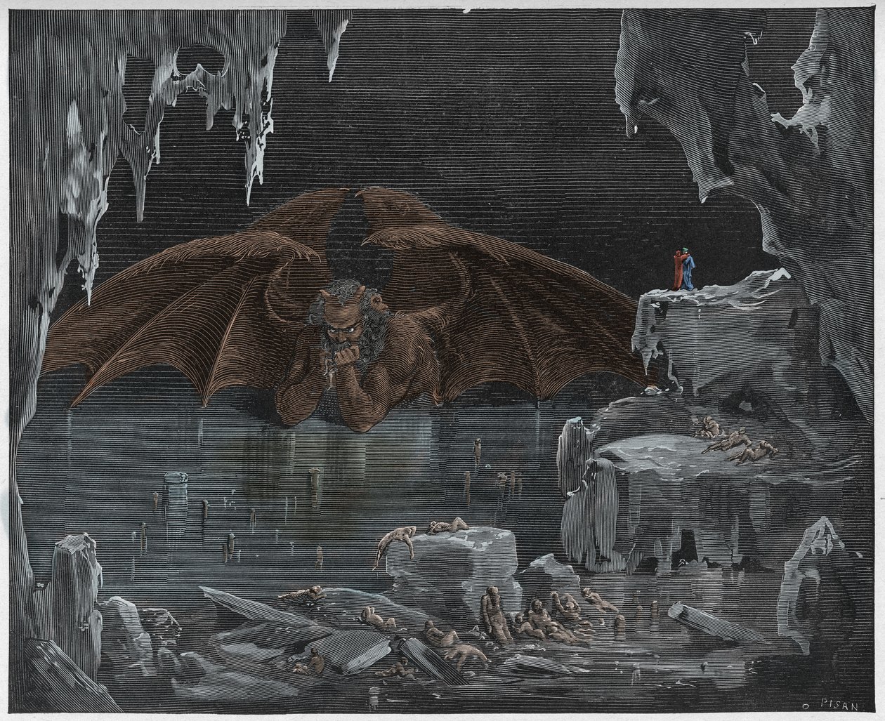 Inferno, Canto 34 : Lucifer, helvetin kuningas, jäässä, kuvitus Dante Alighierin jumalallisesta komediasta, 1885 tekijältä Gustave Dore