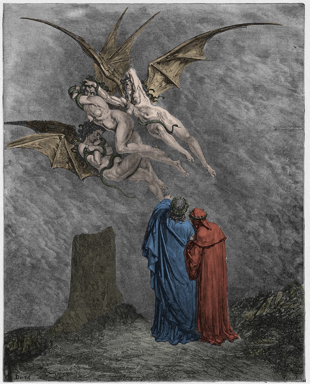 Inferno, Canto 9: Inhottavat erinykset: Megaera, Tisiphone, Alecto tekijältä Gustave Dore