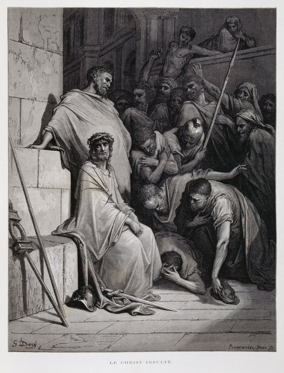 Kristuksen loukkaukset hänen oikeudenkäynnissään, kuvitus Dore Bible -teoksesta. tekijältä Gustave Dore