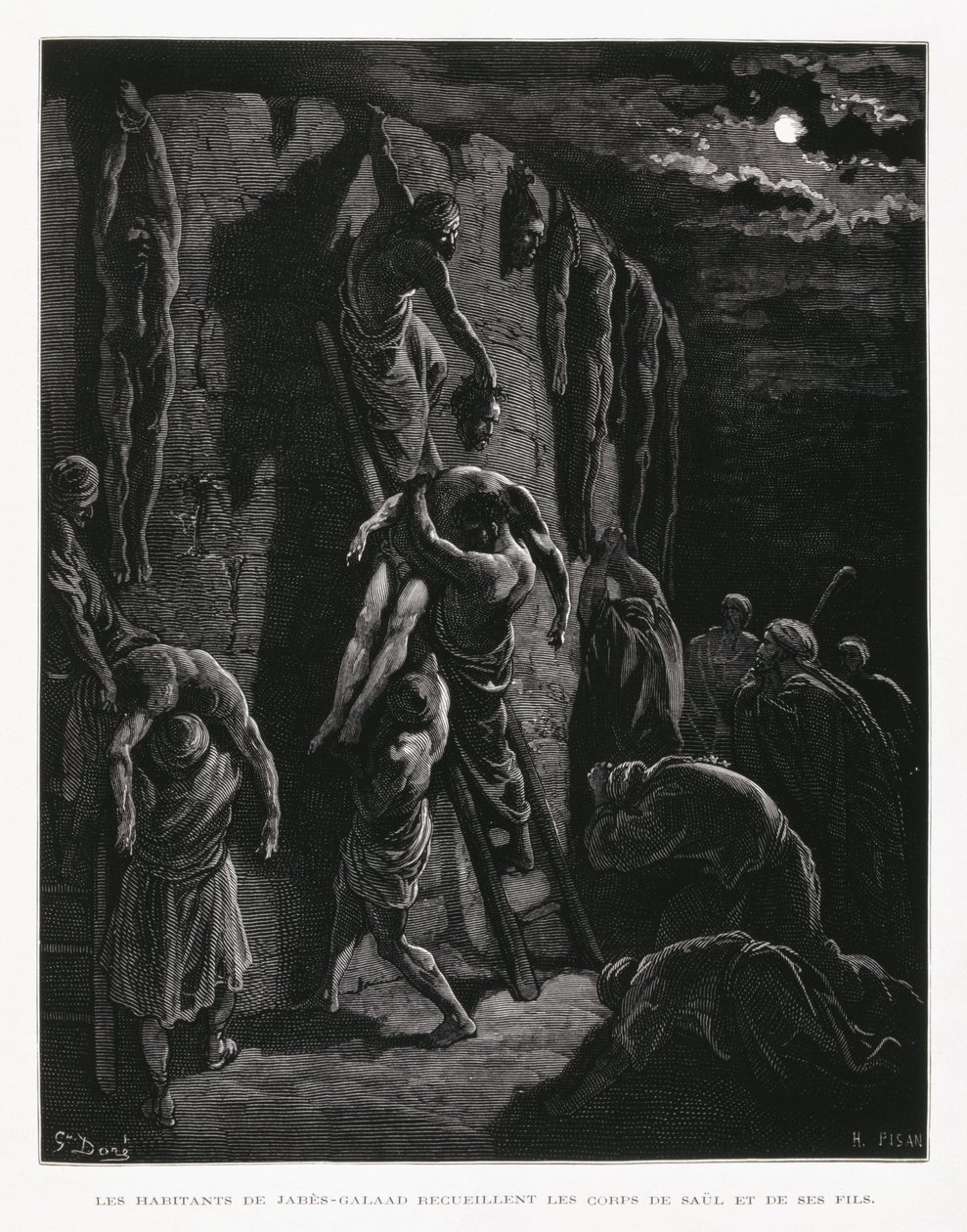Jabes-Gileadin asukkaat löytävät Saulin ja hänen poikiensa ruumiit, kuvitus Doren Raamatusta tekijältä Gustave Dore