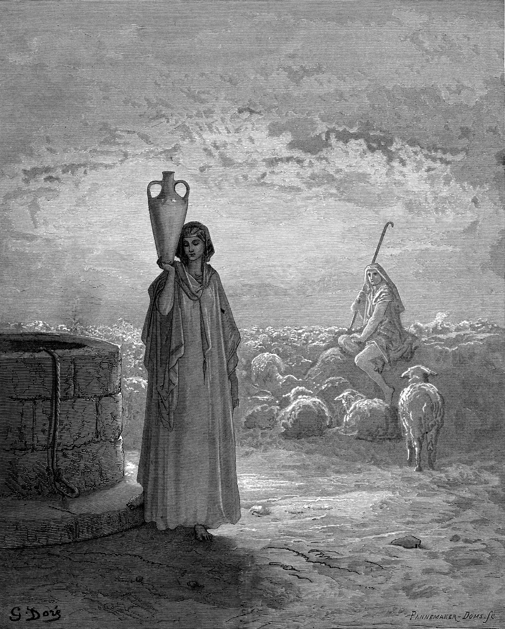 Jaakob, joka pitää Labanin laumoja, näkee Raakelin kaivolla vuonna 1866 tekijältä Gustave Dore
