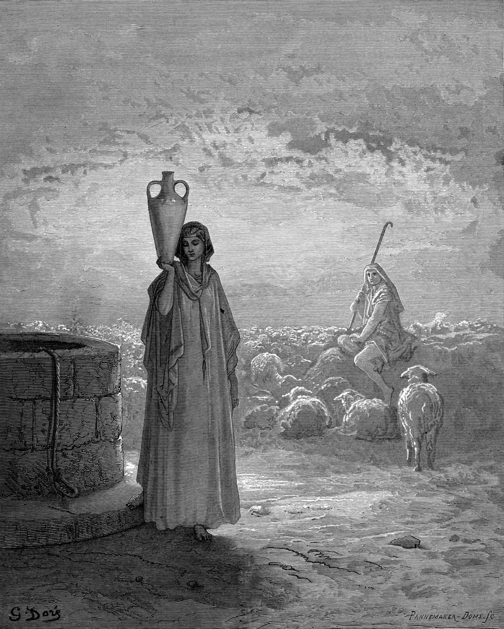 Jaakob, joka pitää Labanin lampaita, näkee Raakelin kaivolla. Genesis 29. Gustave Doren kuvitetusta Raamatusta 1866. Puukaiverrus tekijältä Gustave Dore