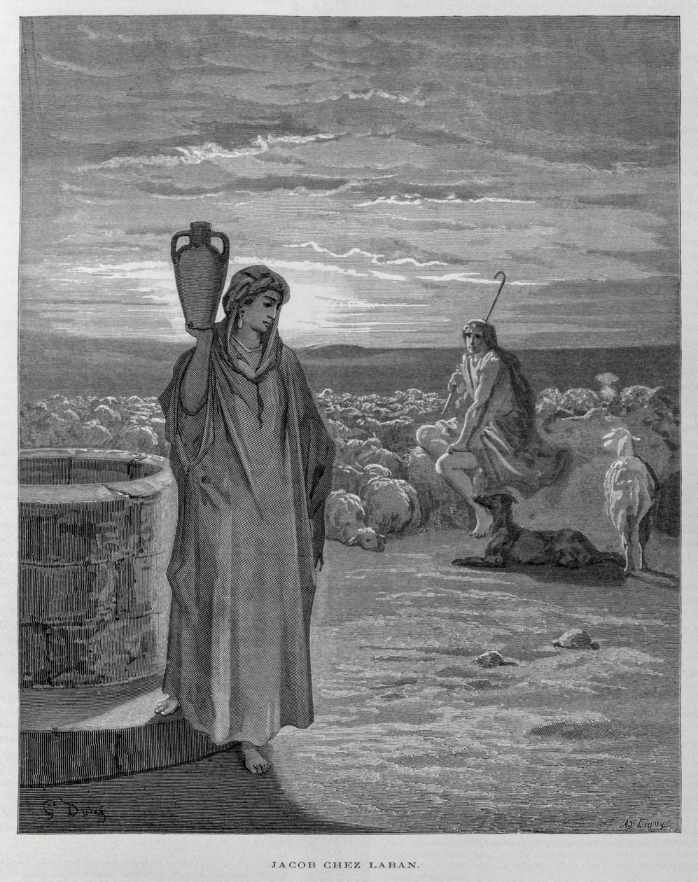 Jaakob näkee Raakelin Laabanin kodin kaivolla, kuvitus Dore Bible -teoksesta. tekijältä Gustave Dore