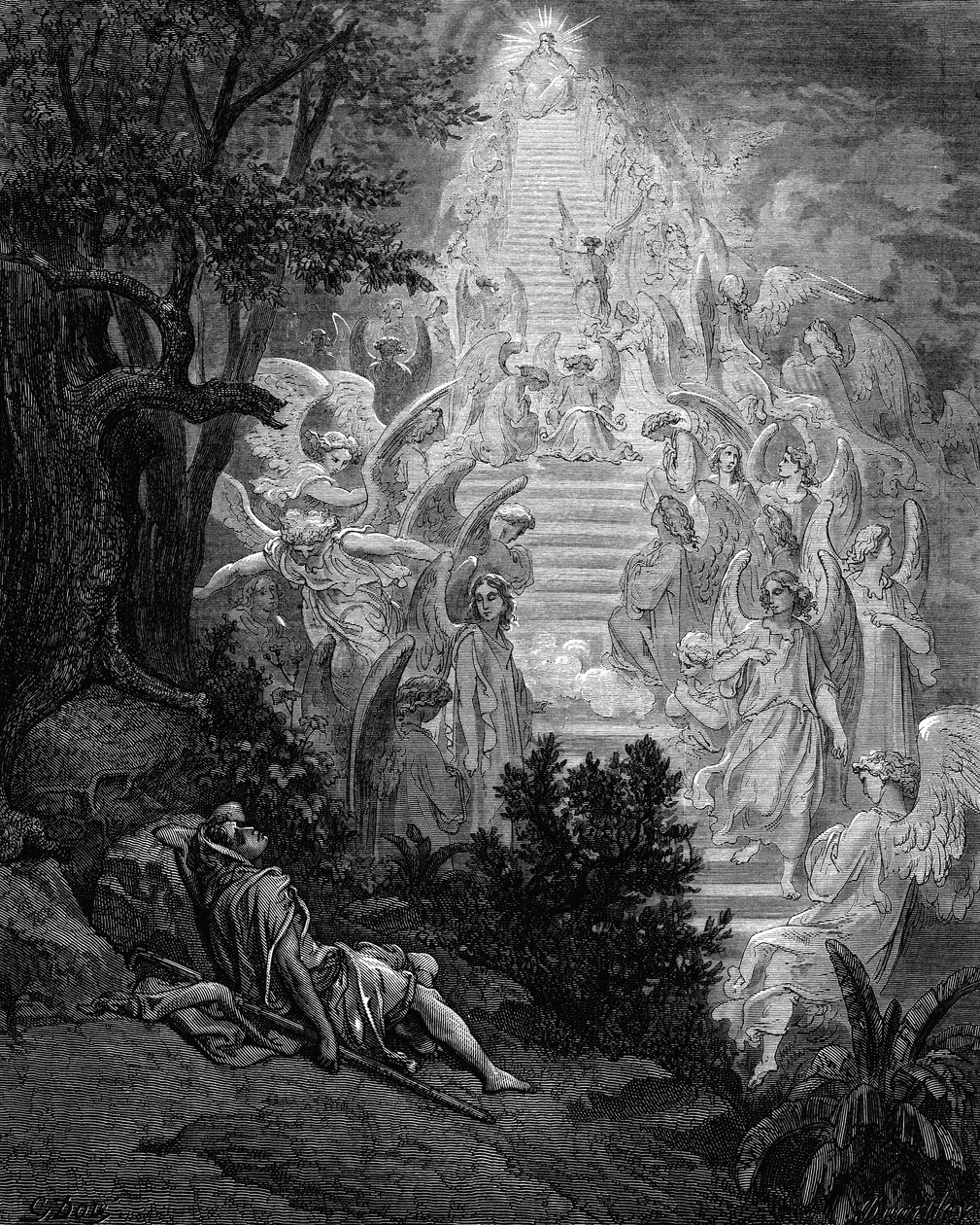 Jacobs haaveilee taivaaseen johtavasta portaista, jonka huipulla on Jumala, 1865-1866 tekijältä Gustave Dore