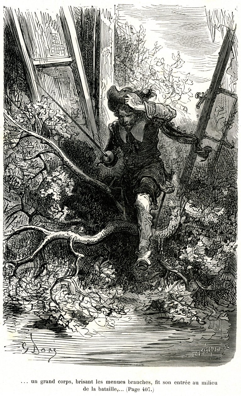Jacquemin Lampourde, ase kädessään, saapui taistelupisteeseen. Gustave Doren kaiverrus, joka kuvittaa Theophile Gautierin pikareskiromaania viitta ja epee "Le capitaine Fracasse", edition Charpentier 1863. tekijältä Gustave Dore